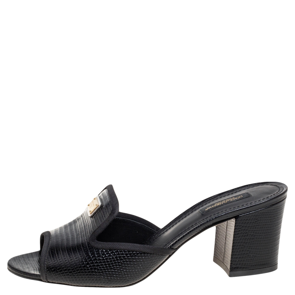 

Dolce & Gabbana Black Lizard Embossed Leather Slide Sandals Size