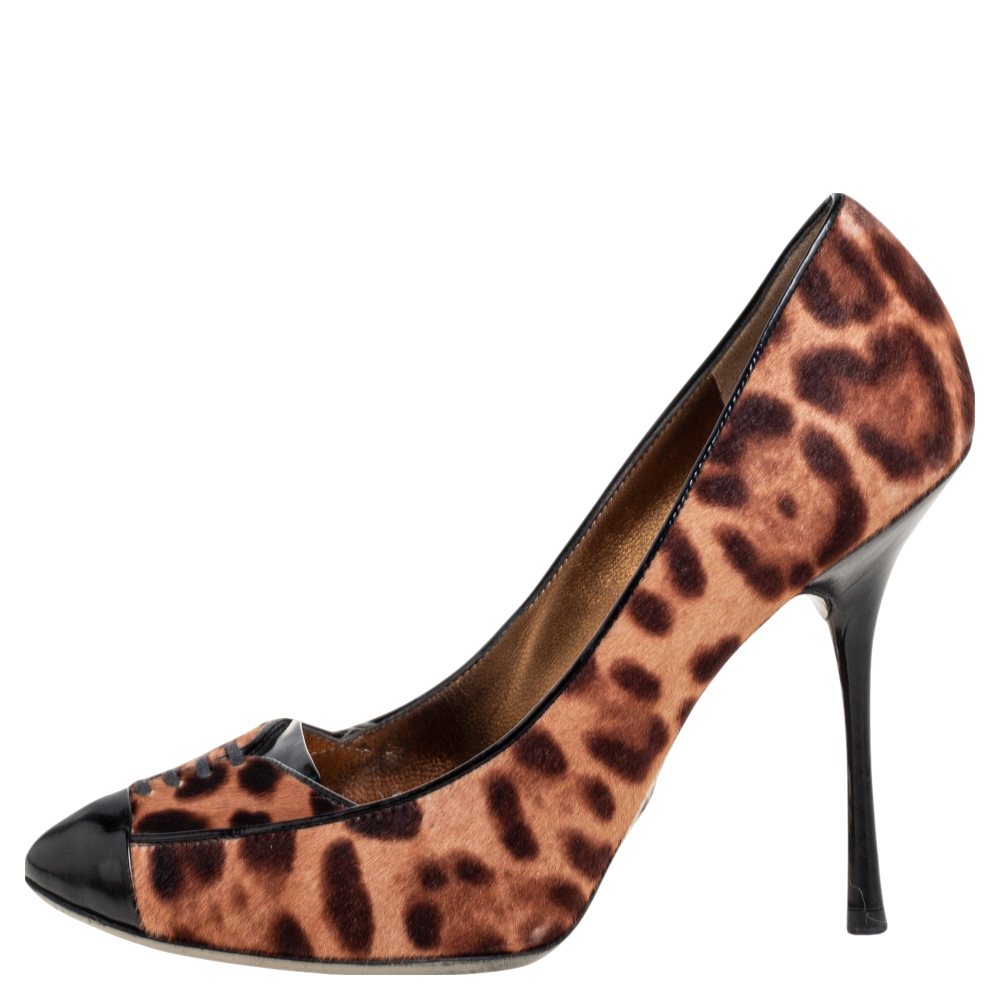 

Dolce & Gabbana Brown/Black Animal Print Calf Hair and Patent Leather Cap-Toe Lace Detail Pumps Size