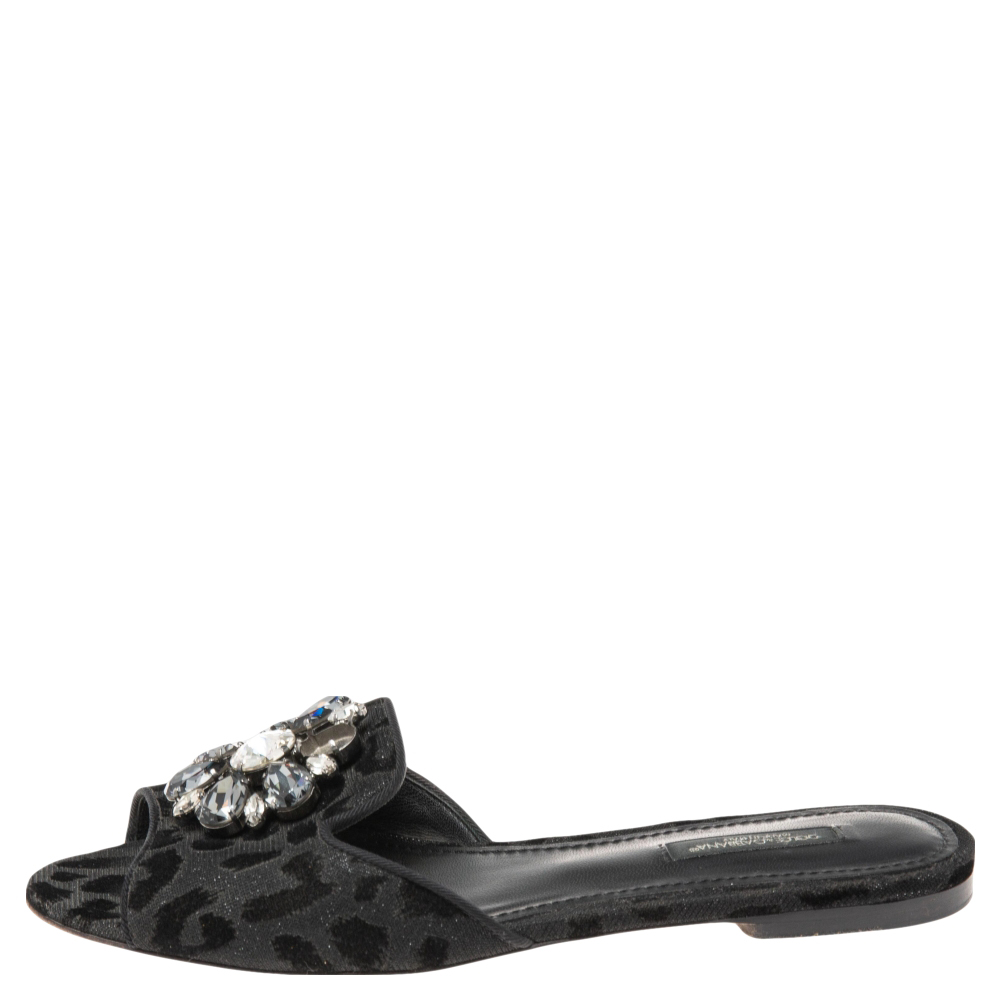 

Dolce & Gabbana Black Leopard Print Lurex Fabric And Velvet Embellished Flat Slides Size