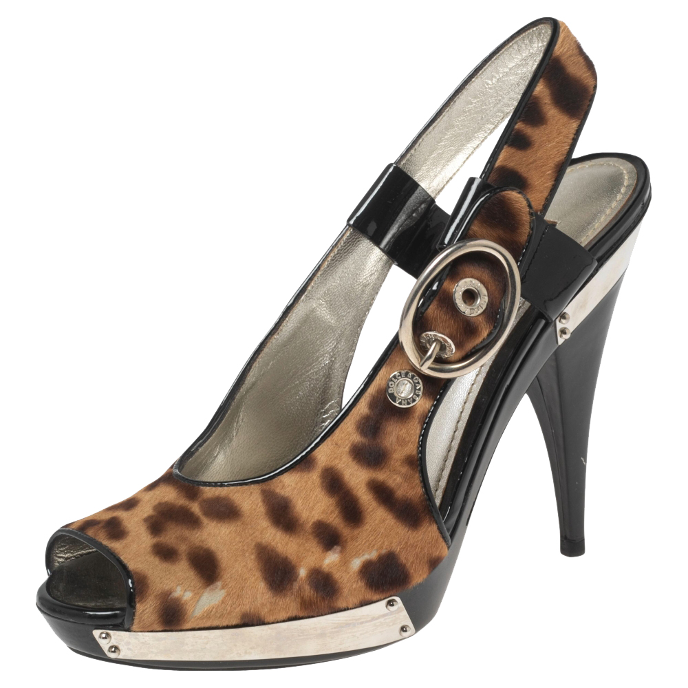 

Dolce & Gabbana Black/Brown Leopard Print Pony Hair and Patent Leather Trim Platform Sandals Size