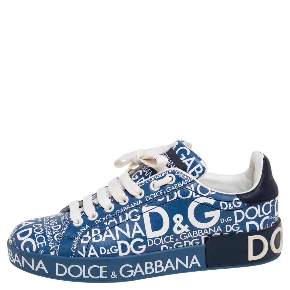 

Dolce & Gabbana Blue Leather Logo Print Portofino Low-Top Sneakers Size