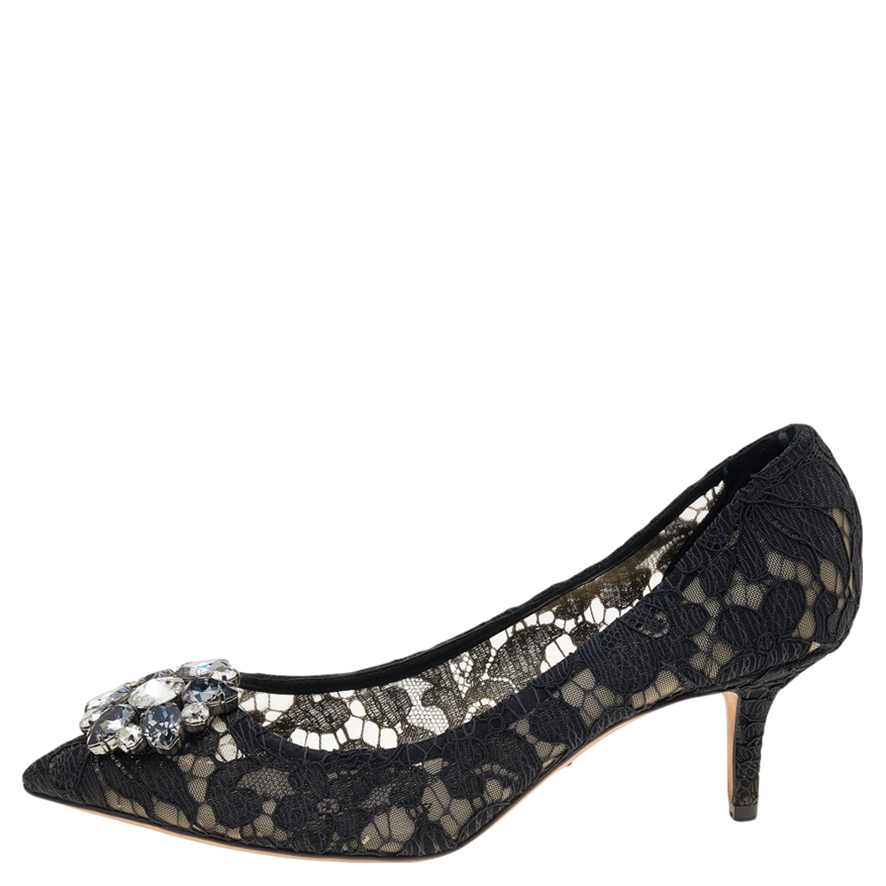 

Dolce & Gabbana Black Lace And Mesh Crystal Embellished Bellucci Pumps Size