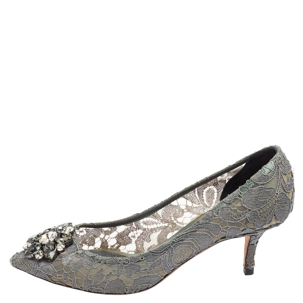 

Dolce & Gabbana Grey Lace And Mesh Bellucci Crystal Embellished Pumps Size