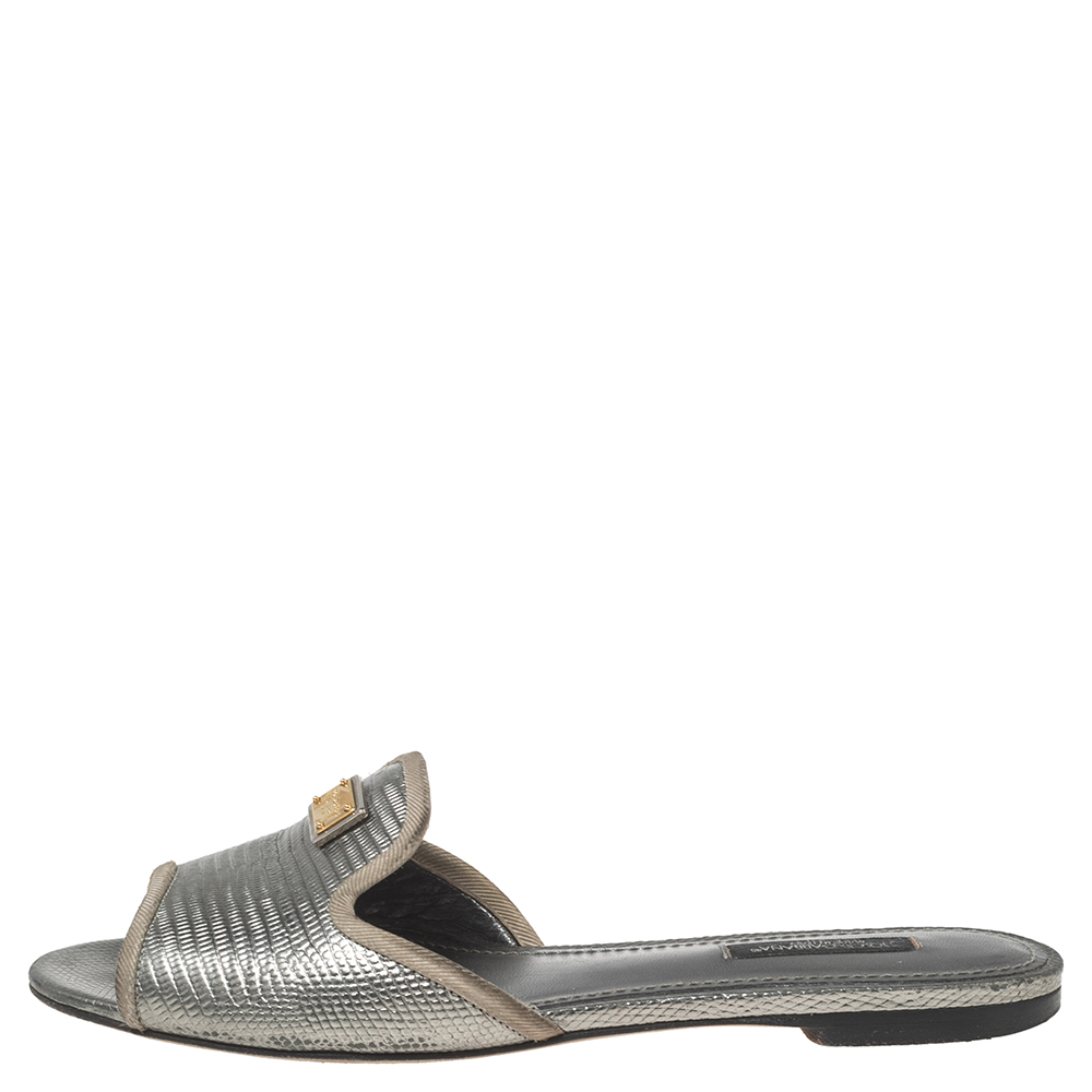 

Dolce & Gabbana Silver Lizard Embossed Leather Sofia Flat Sandals Size