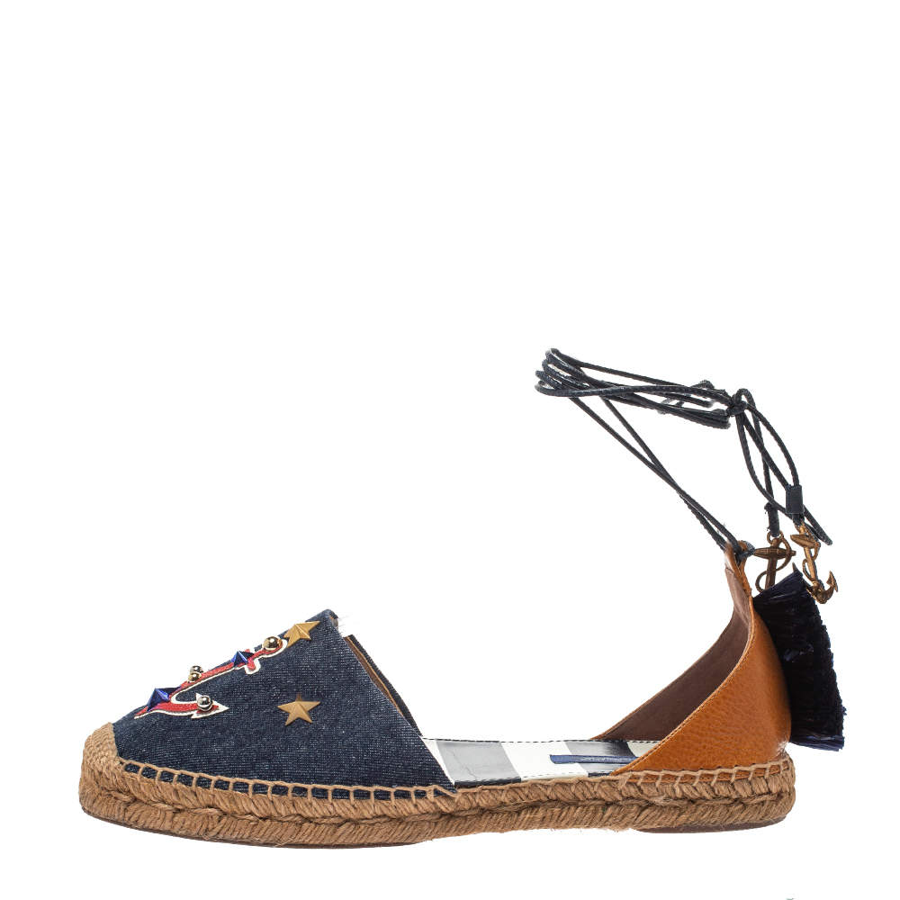 

Dolce & Gabbana Two Tone Denim And Leather Embellished Espadrilles Ankle Wrap Flat Sandals Size, Brown