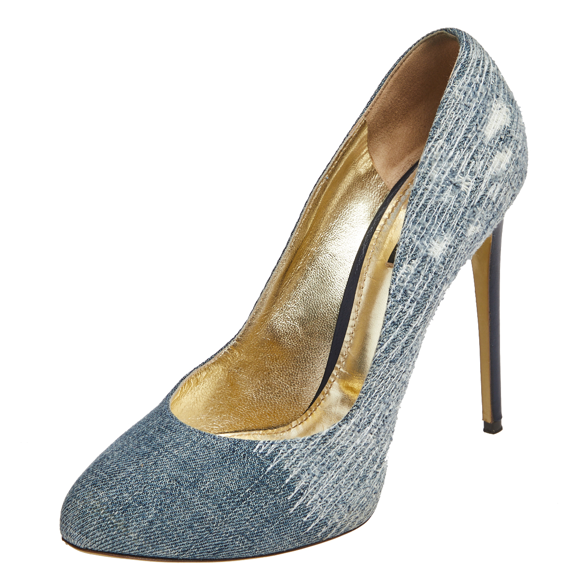 Crafted from denim these Dolce and Gabbana pumps will lend you appeal and comfort. They flaunt a round toe slip on silhouette and rest on a durable leather insole. The 13 cm stiletto heels elevate their overall charm.
