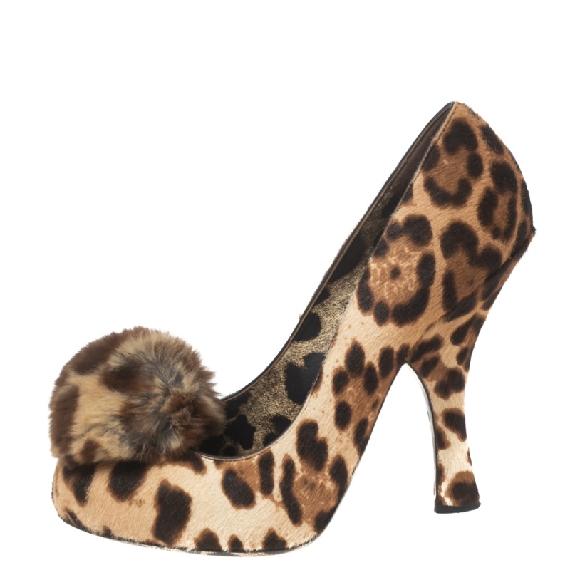 

Dolce & Gabbana Brown/Beige Leopard Print Calf Hair Pom Pom Pumps Size