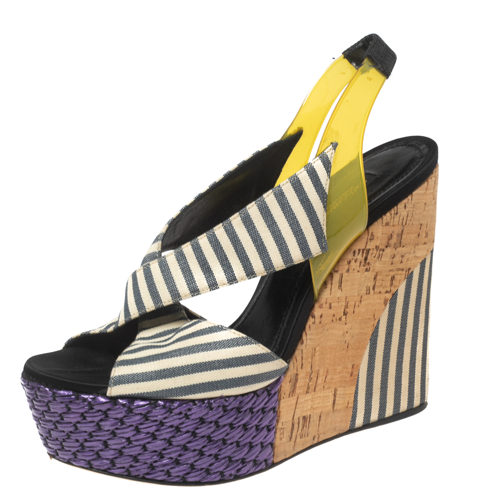 

Dolce & Gabbana Multicolor Striped Fabric and PVC Cross Strap Slingback Wedge Sandals Size