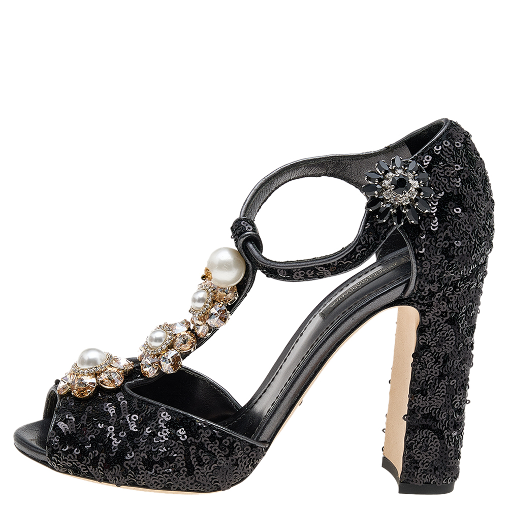 

Dolce & Gabbana Black Pearl Embellished Ankle Strap Sandals Size