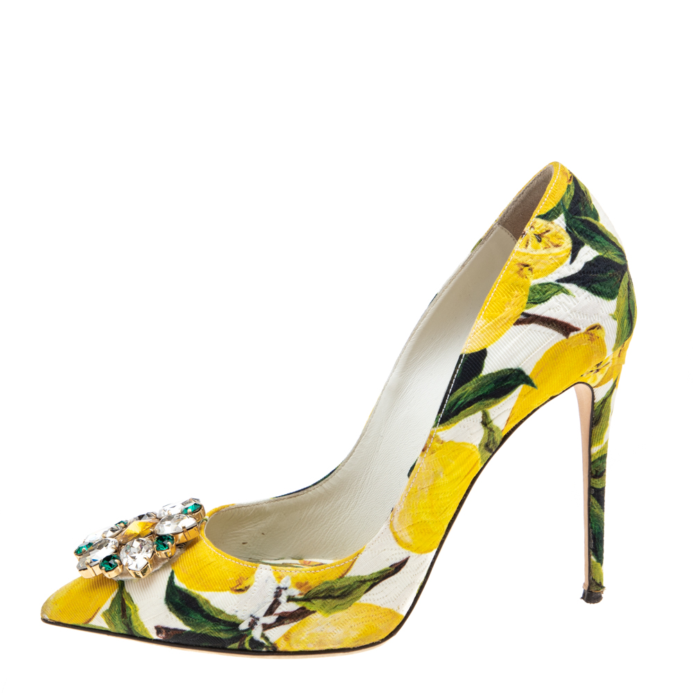 

Dolce & Gabbana Multicolor Floral Print Brocade Fabric Crystal Embellished Pumps Size