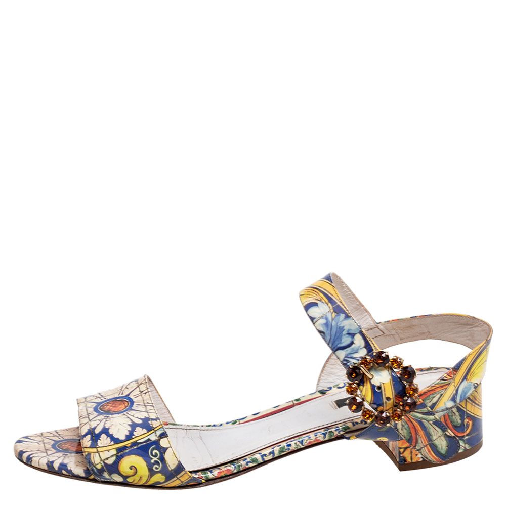 

Dolce & Gabbana Multicolor Printed Patent Leather Embellished Flat Ankle Strap Sandals Size