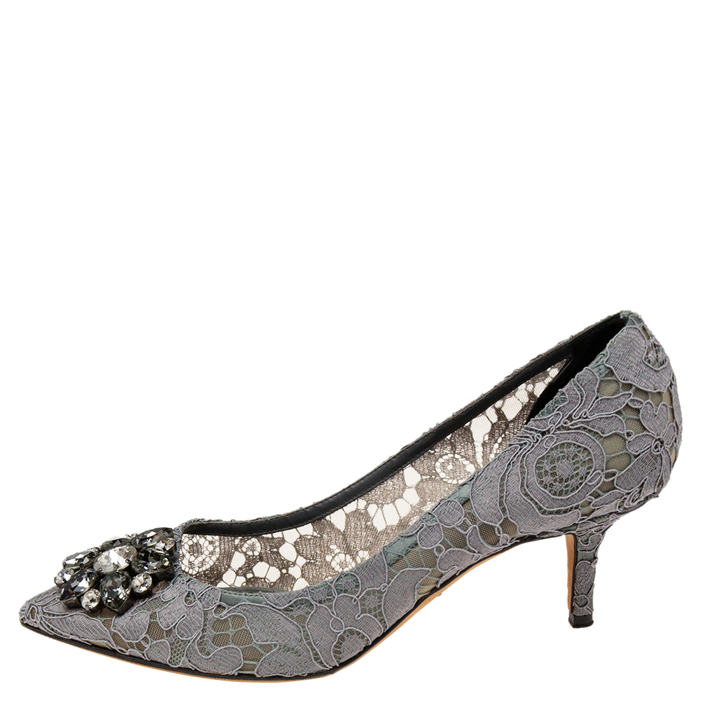 

Dolce & Gabbana Grey Lace Bellucci Pointed-Toe Pumps Size