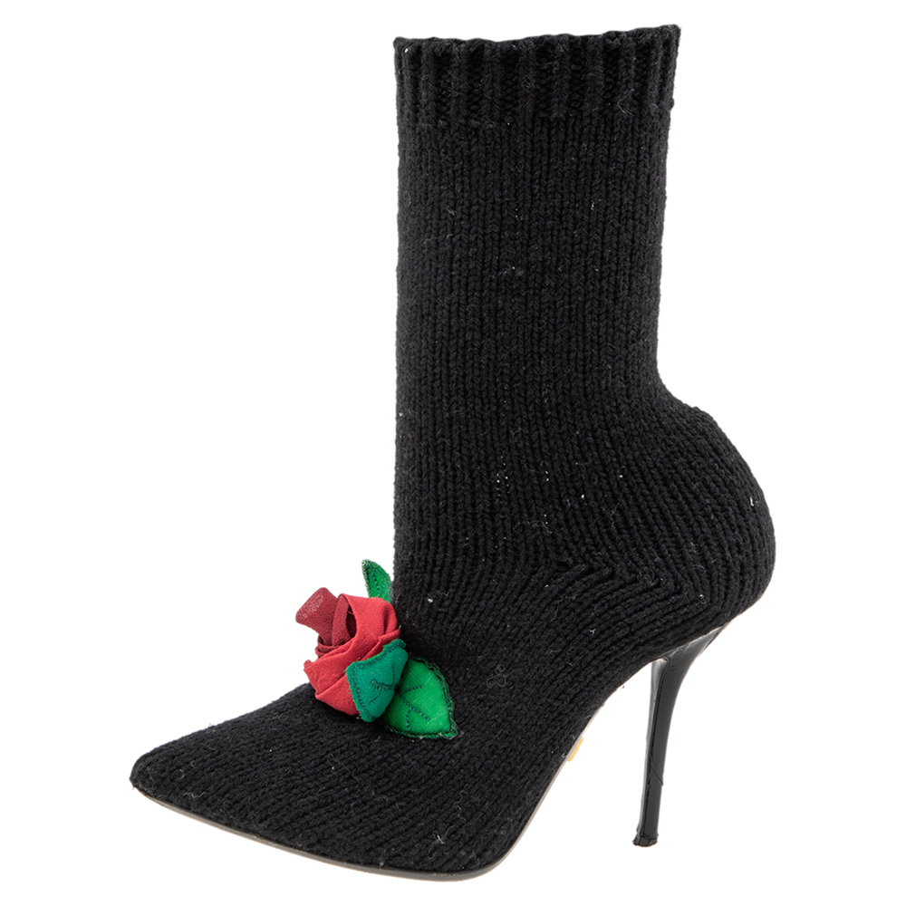 

Dolce & Gabbana Black Rose Appliqué Knit Fabric Sock Boots Size