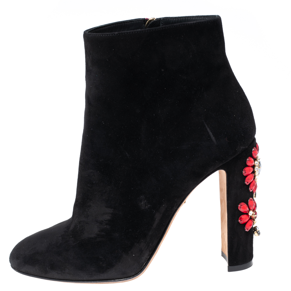 

Dolce & Gabbana Black Suede Jewel Embellished Heel Ankle Boots Size