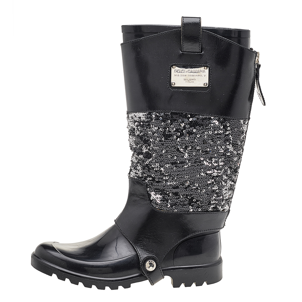 

Dolce & Gabbana Black Rubber And Leather Sequins Embellished Wellington Rubber Rain Boots Size