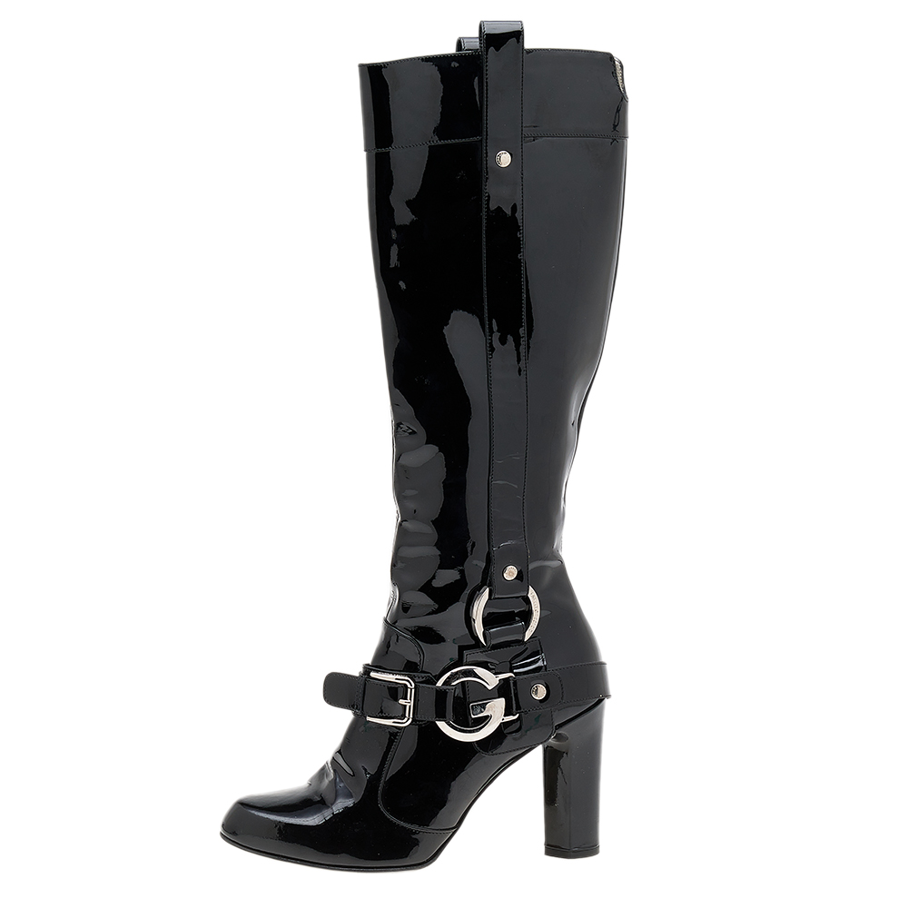 

Dolce & Gabbana Black Patent Leather DG Logo Knee Length Boots Size