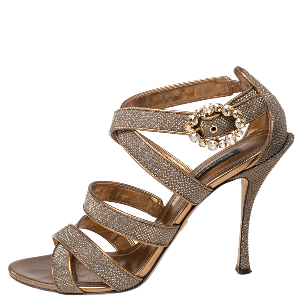 

Dolce & Gabbana Metallic Gold Glitter And Leather Strappy Sandals Size