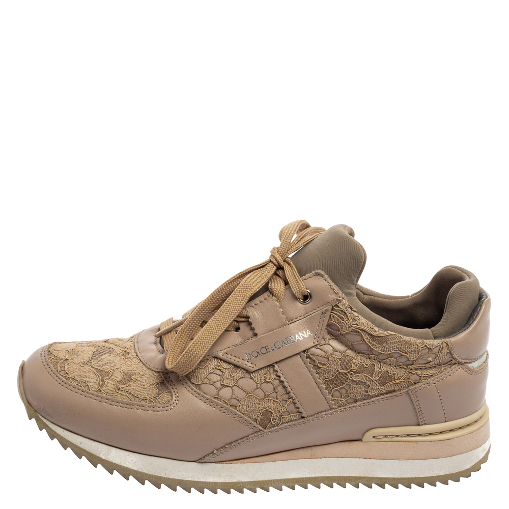 

Dolce & Gabbana Dusty Pink Leather and Lace Low-Top Sneakers Size