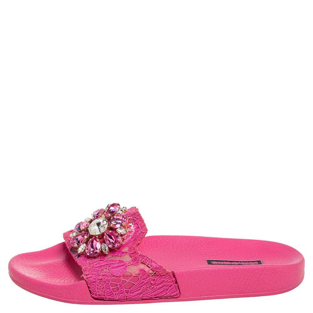 

Dolce & Gabbana Pink Lace Crystal Embellished Flat Sandals Size