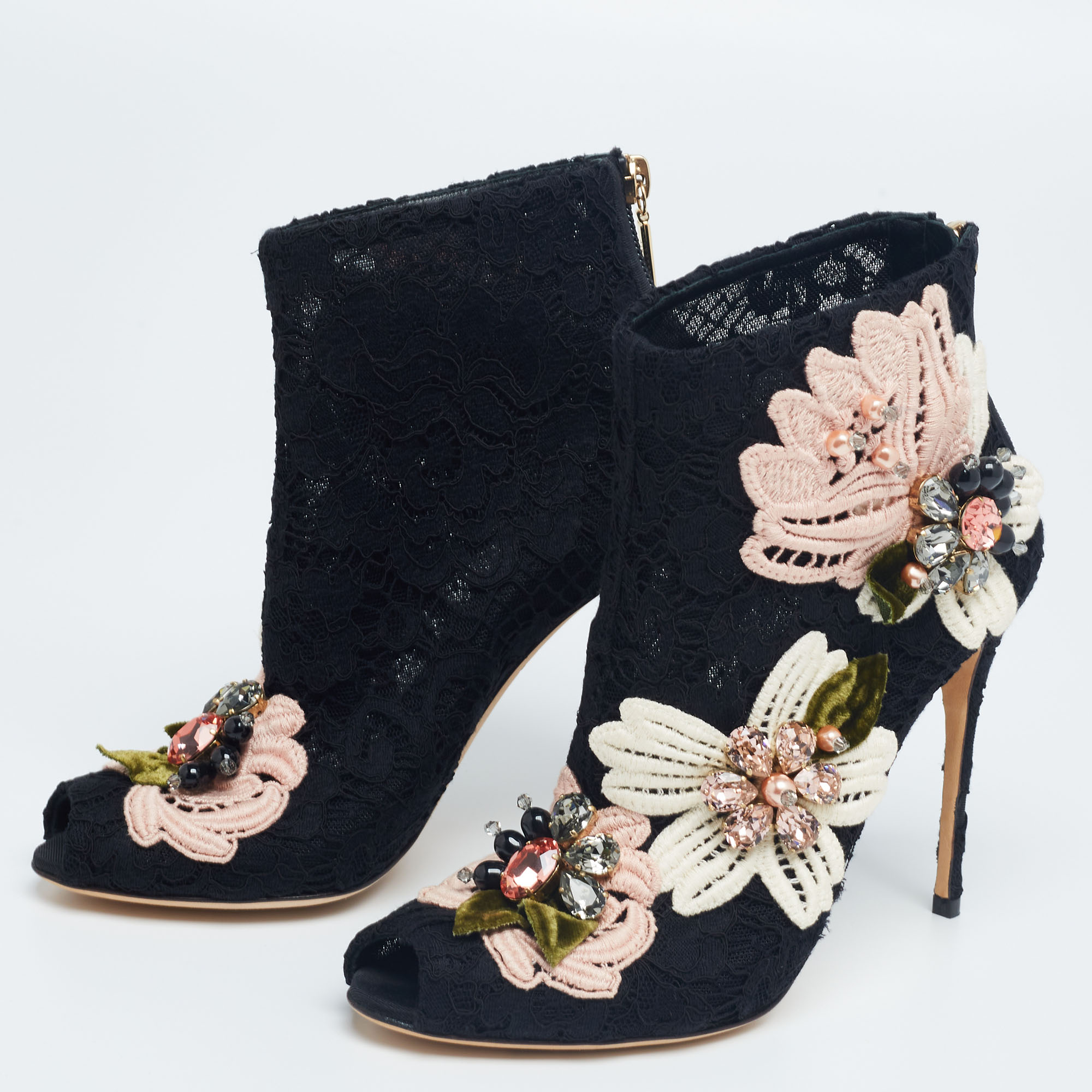 

Dolce & Gabbana Black Lace Peep Toe Ankle Boots Size