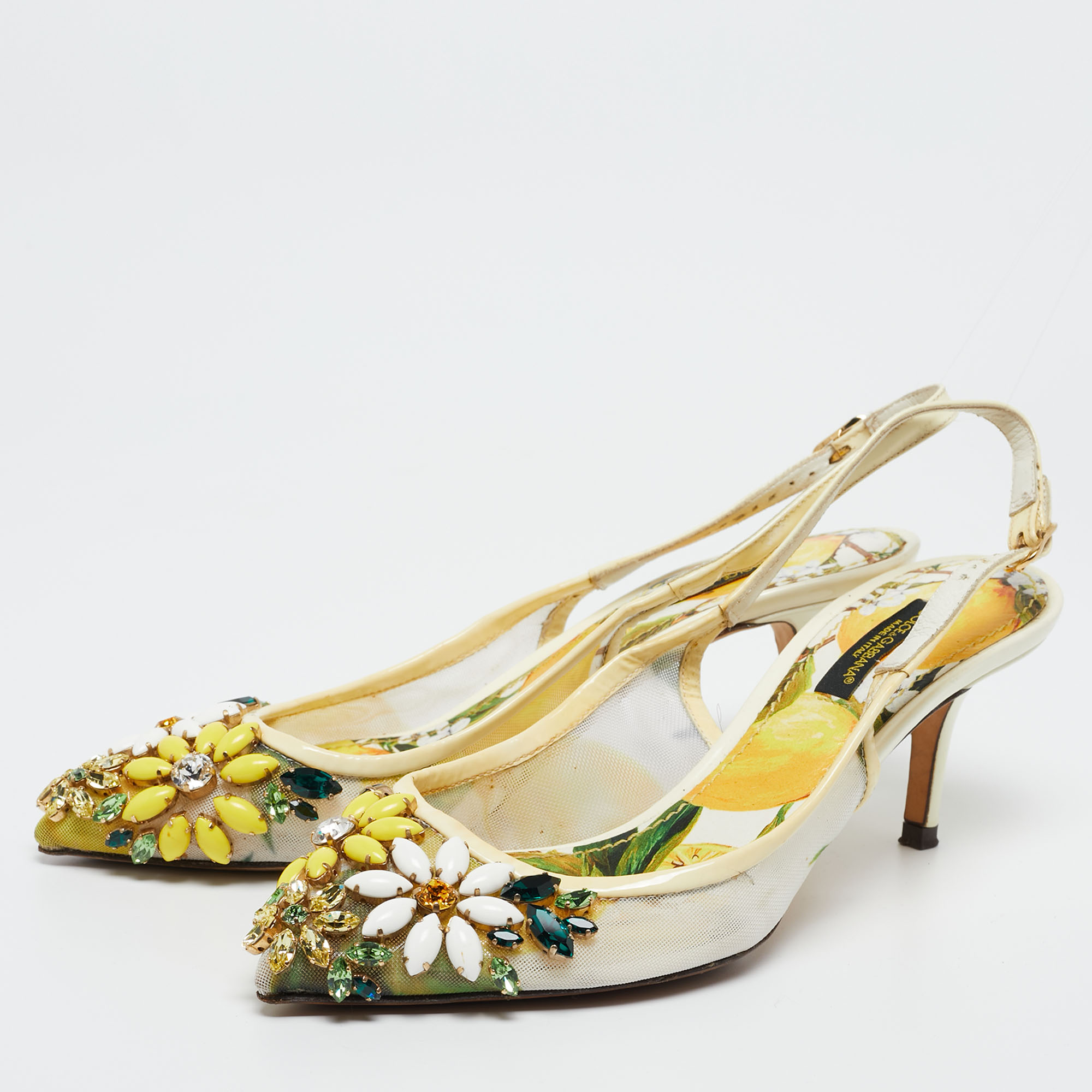 

Dolce & Gabbana Multicolor Patent And Net Embellished Floral Slingback Sandals Size