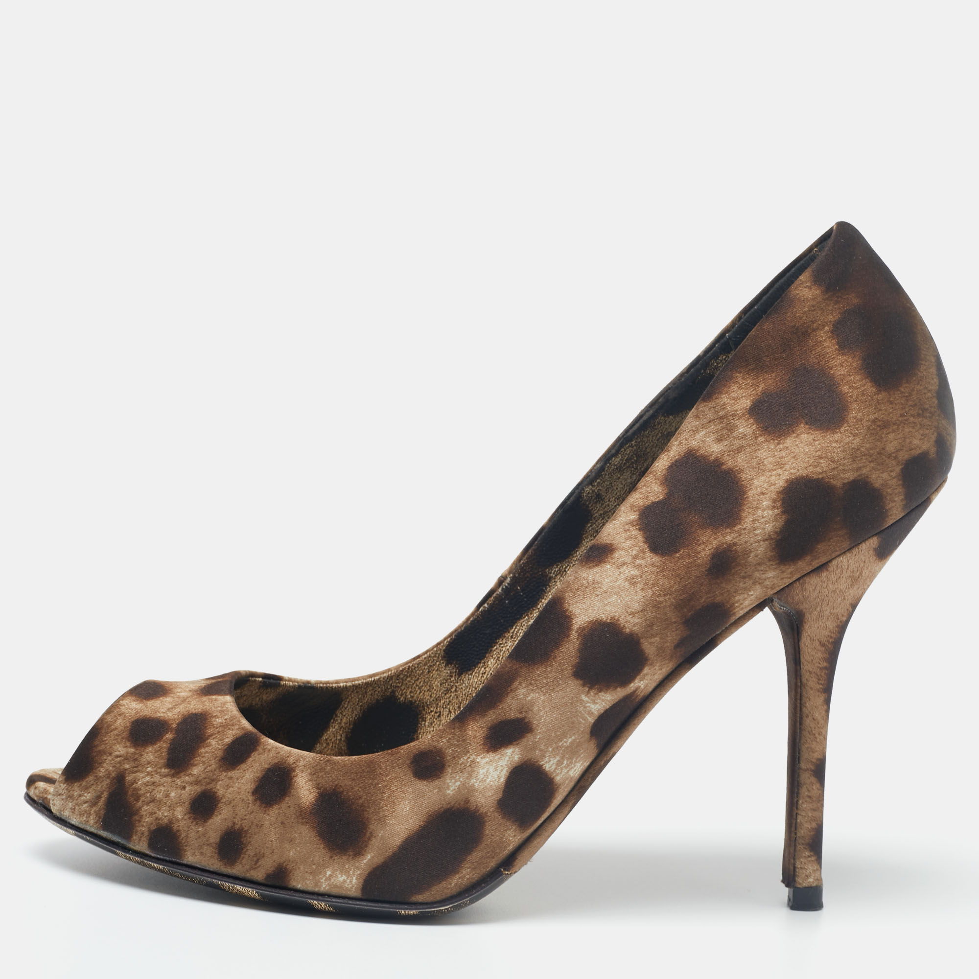Pre-owned Dolce & Gabbana Brown Leopard Print Satin Peep Toe Pump Size 37