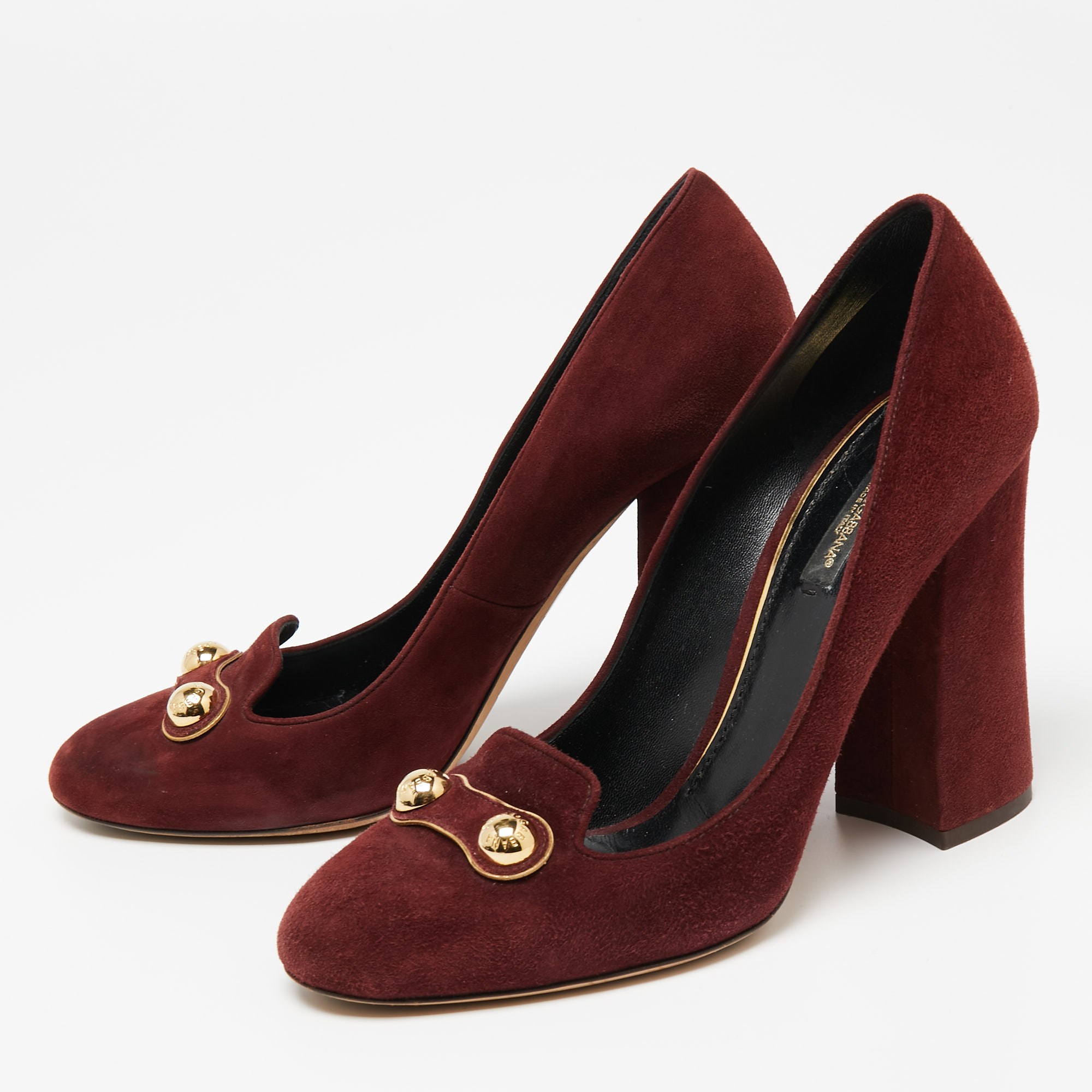 

Dolce & Gabbana Burgundy Suede Logo Studded Block Heel Pumps Size