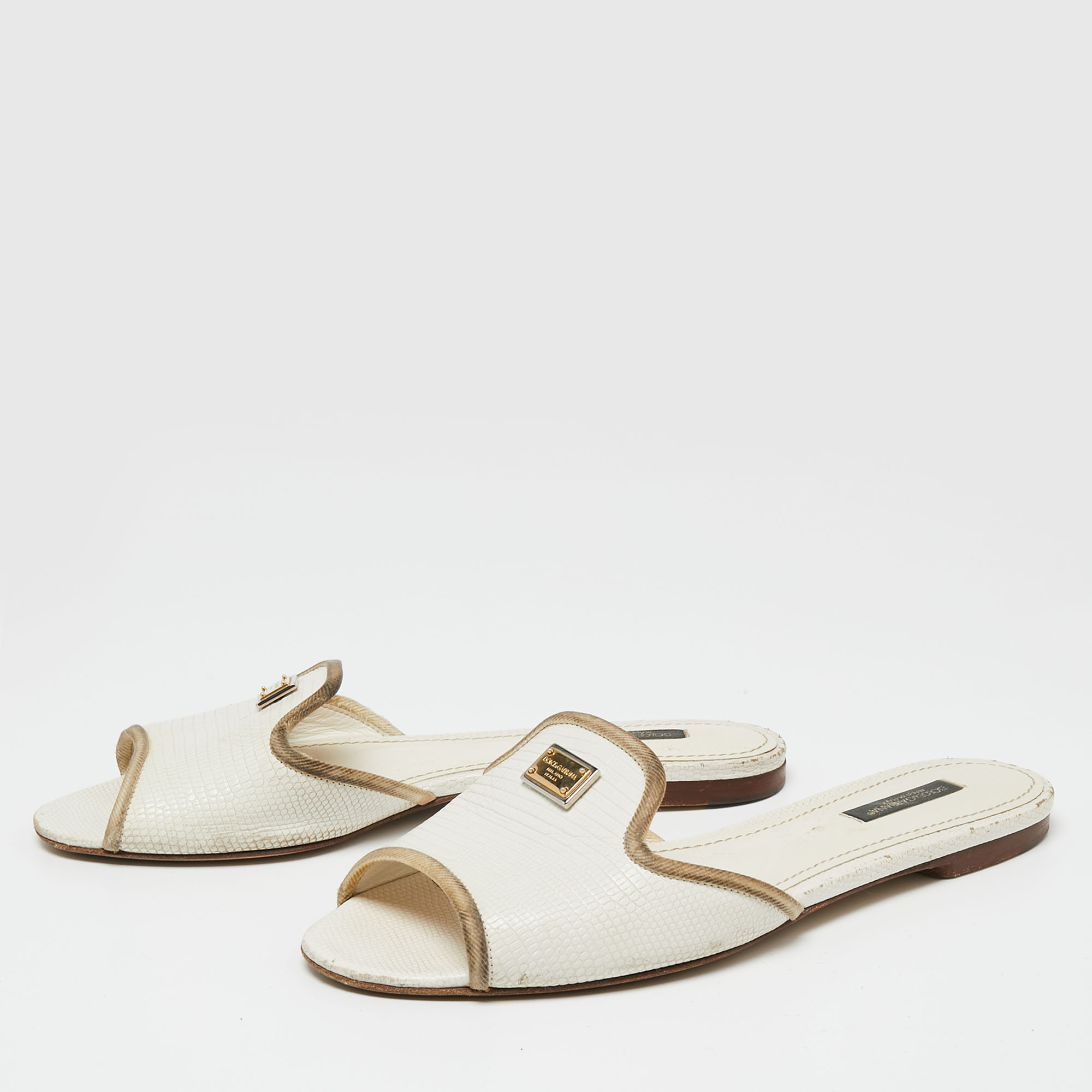 

Dolce & Gabbana White Lizard Embossed Leather Flat Slides Size