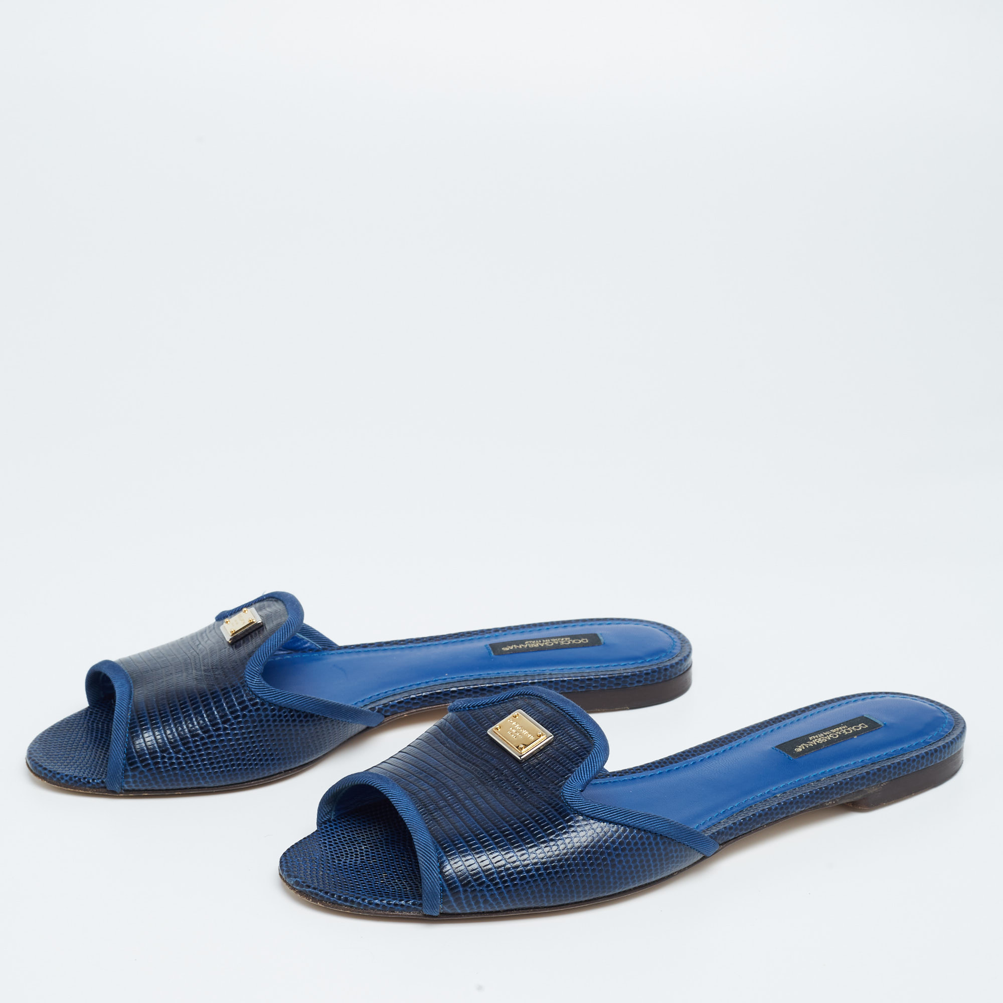 

Dolce & Gabbana Blue Lizard Embossed Leather Sofia Flat Slides Size