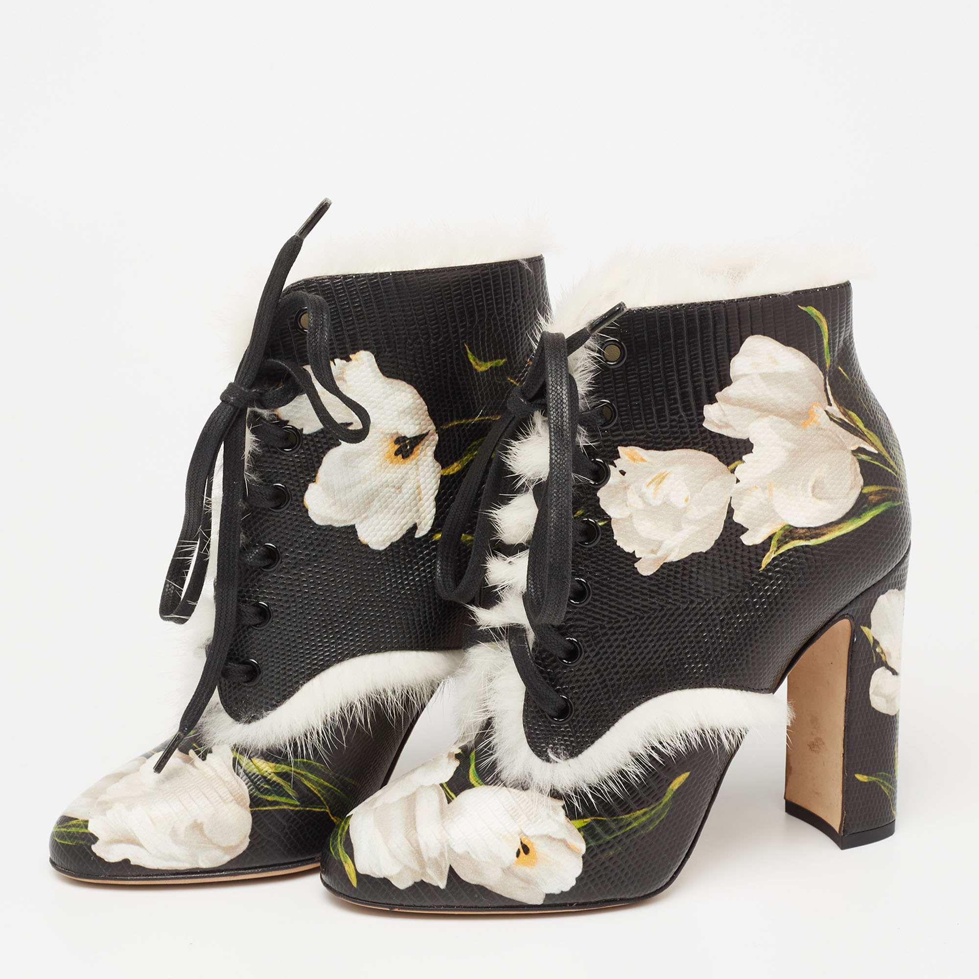 

Dolce & Gabbana Black Lizard Embossed Leather And Rabbit Fur Trim Ankle Boots Size