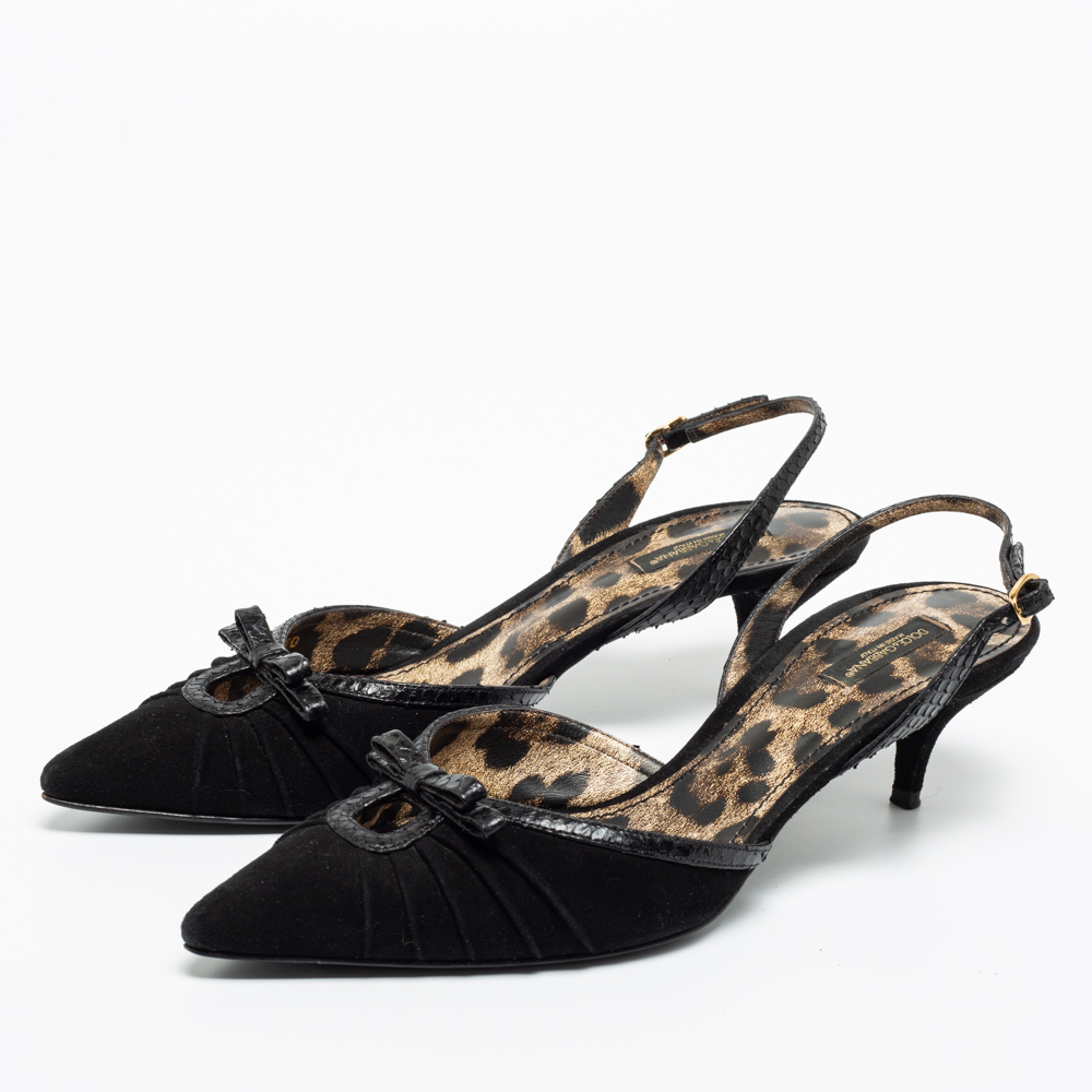 

Dolce & Gabbana Black Suede And Python Bow Slingback Sandals Size