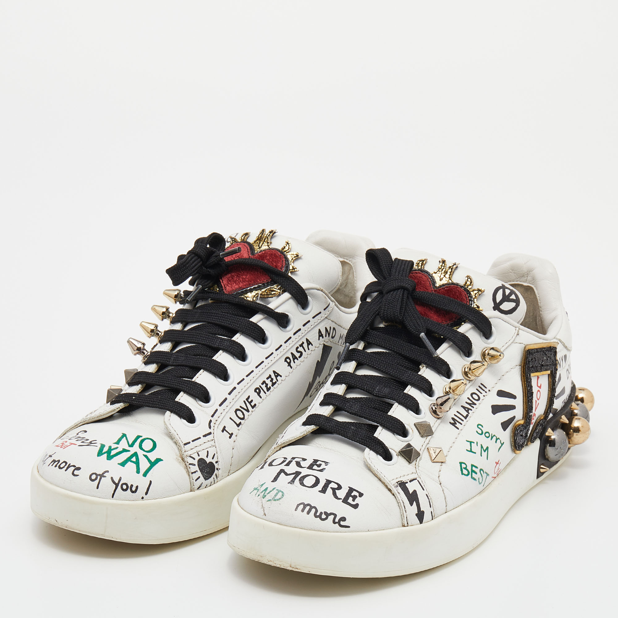 

Dolce & Gabbana White Leather Love Graffiti Printed Low Top Sneakers Size