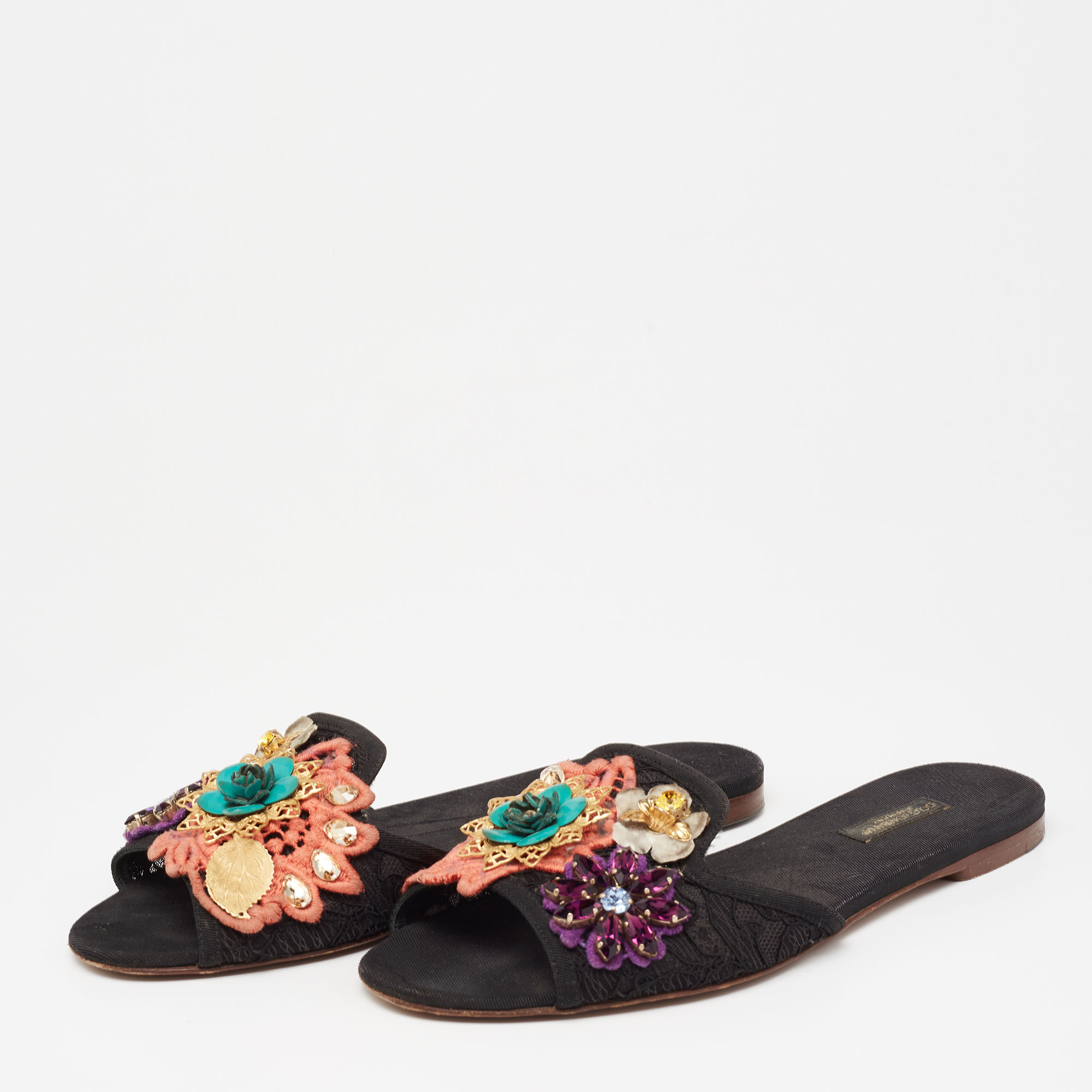 

Dolce & Gabbana Black Lace Crystal Flower Embellished Flat Slides Size