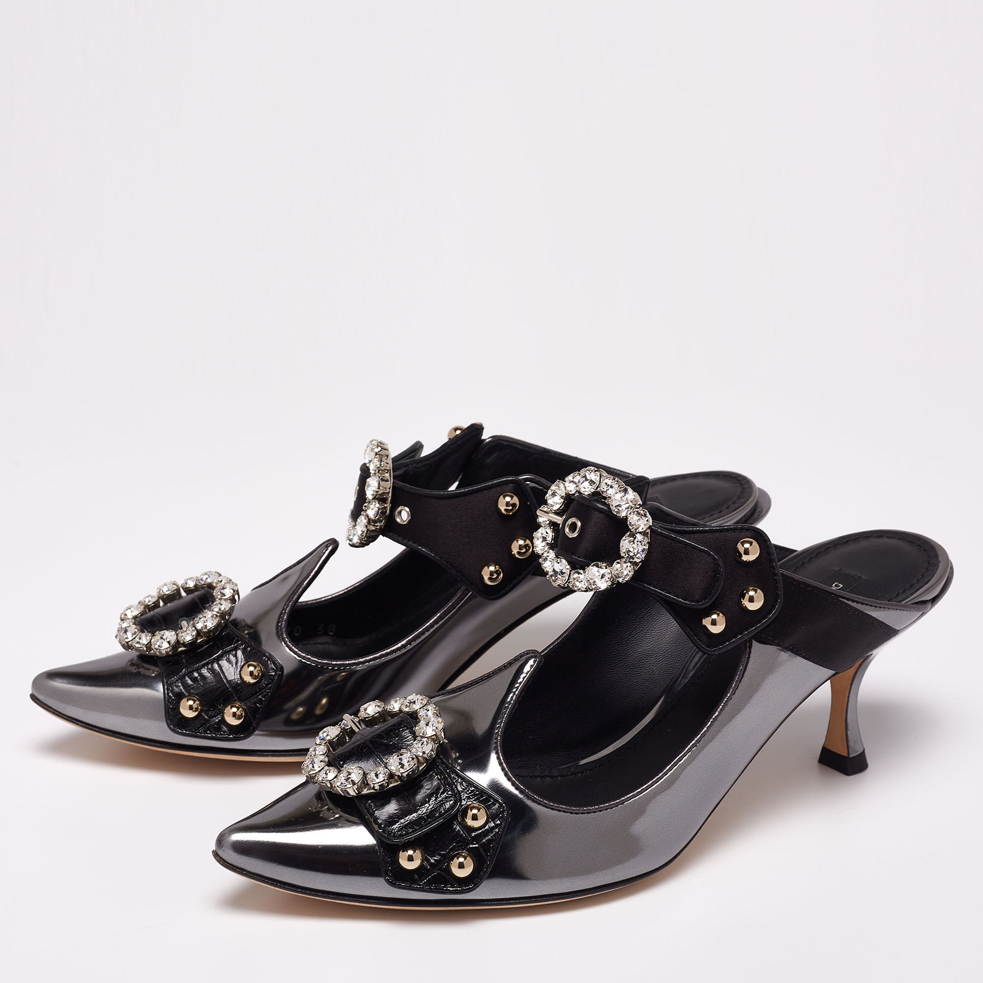 

Dolce & Gabbana Metallic Grey/Black Patent Leather And Satin Crystal Embellished Buckle Mules Size