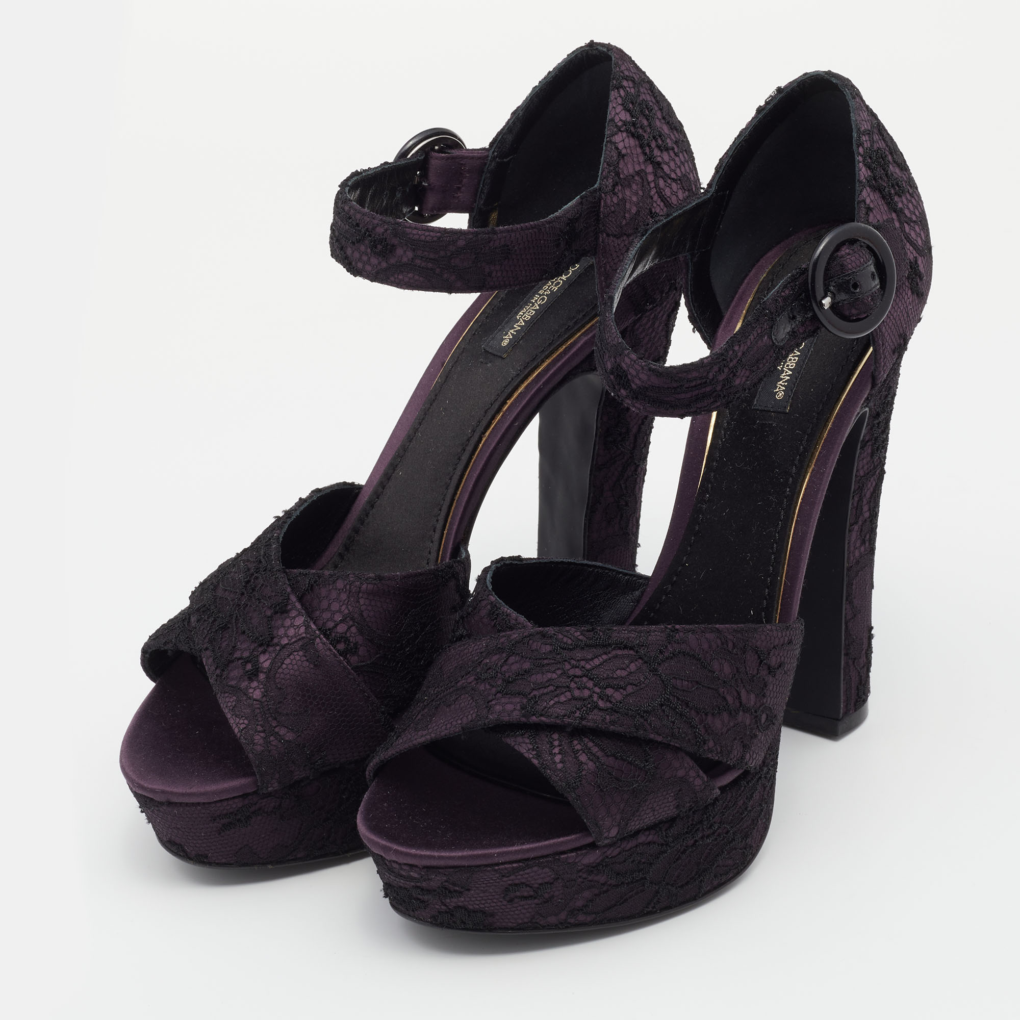 

Dolce & Gabbana Purple/Black Satin And Lace Platform Ankle Strap Sandals Size