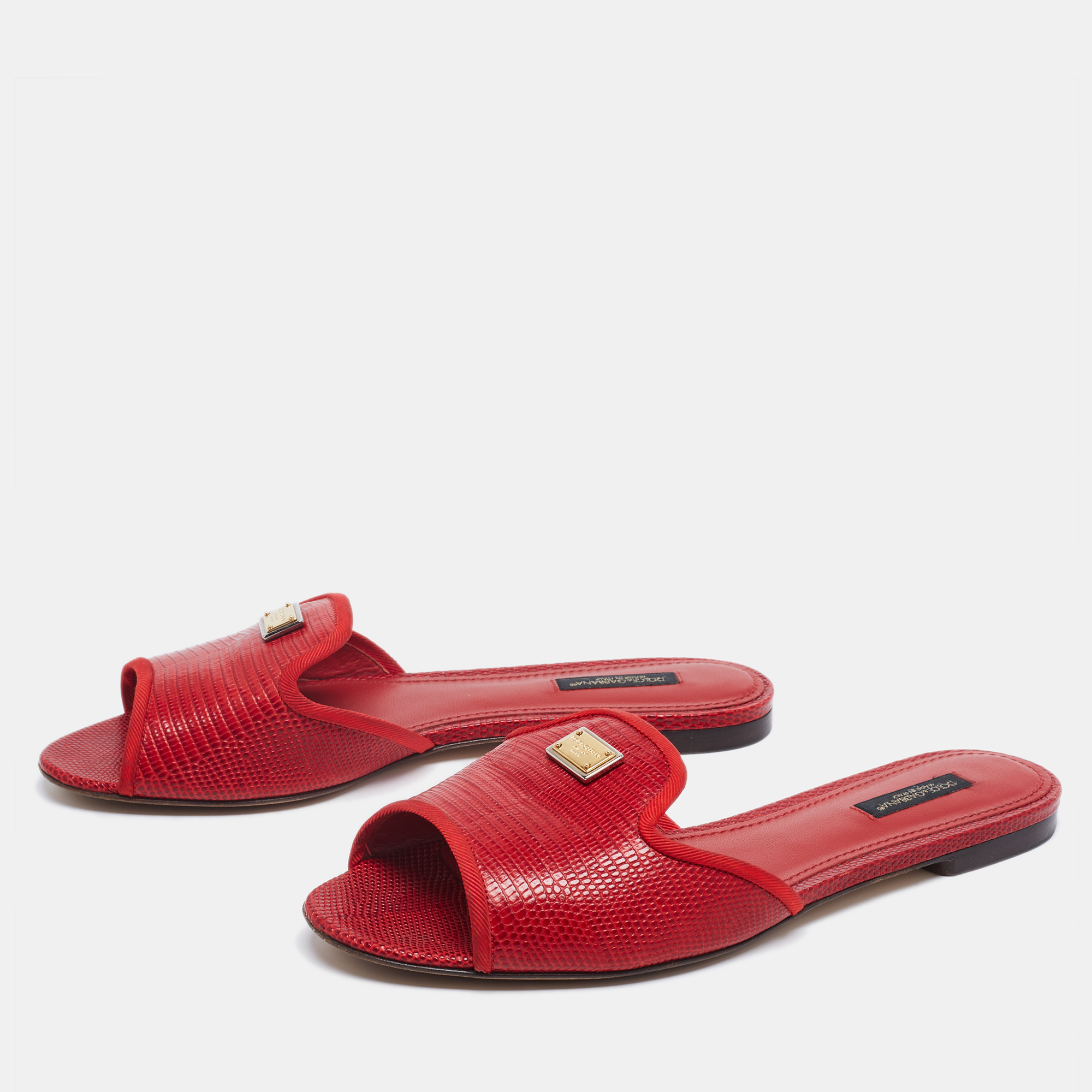 

Dolce & Gabbana Red Lizard Embossed Leather Flat Slides Size