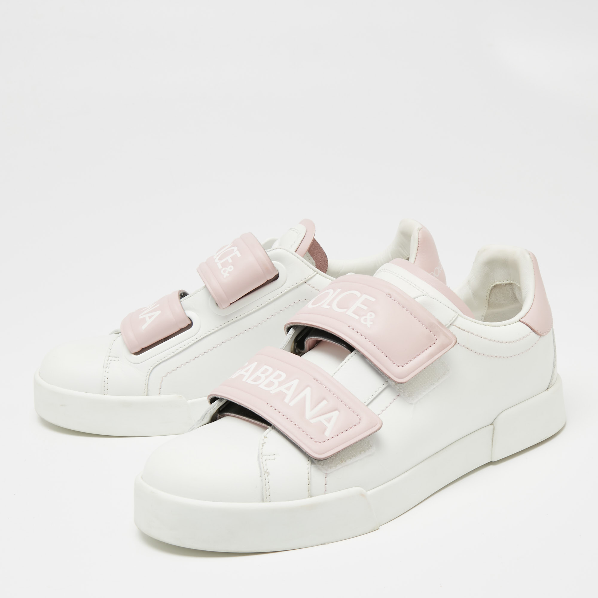 

Dolce & Gabbana White/Pink Leather Logo Velcro Straps Sneakers Size