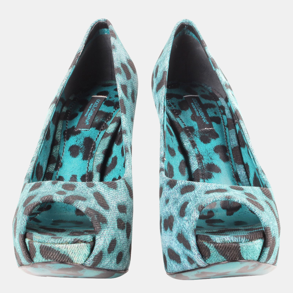 

Dolce & Gabbana Turquoise/Black Leopard Print Peep Toe Platform Heels Size EU, Multicolor