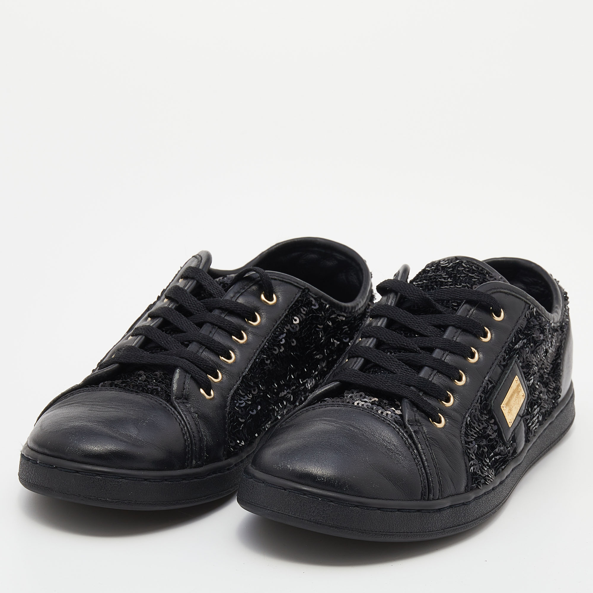 

Dolce & Gabbana Black Leather And Sequins Cap Toe Low Top Sneakers Size
