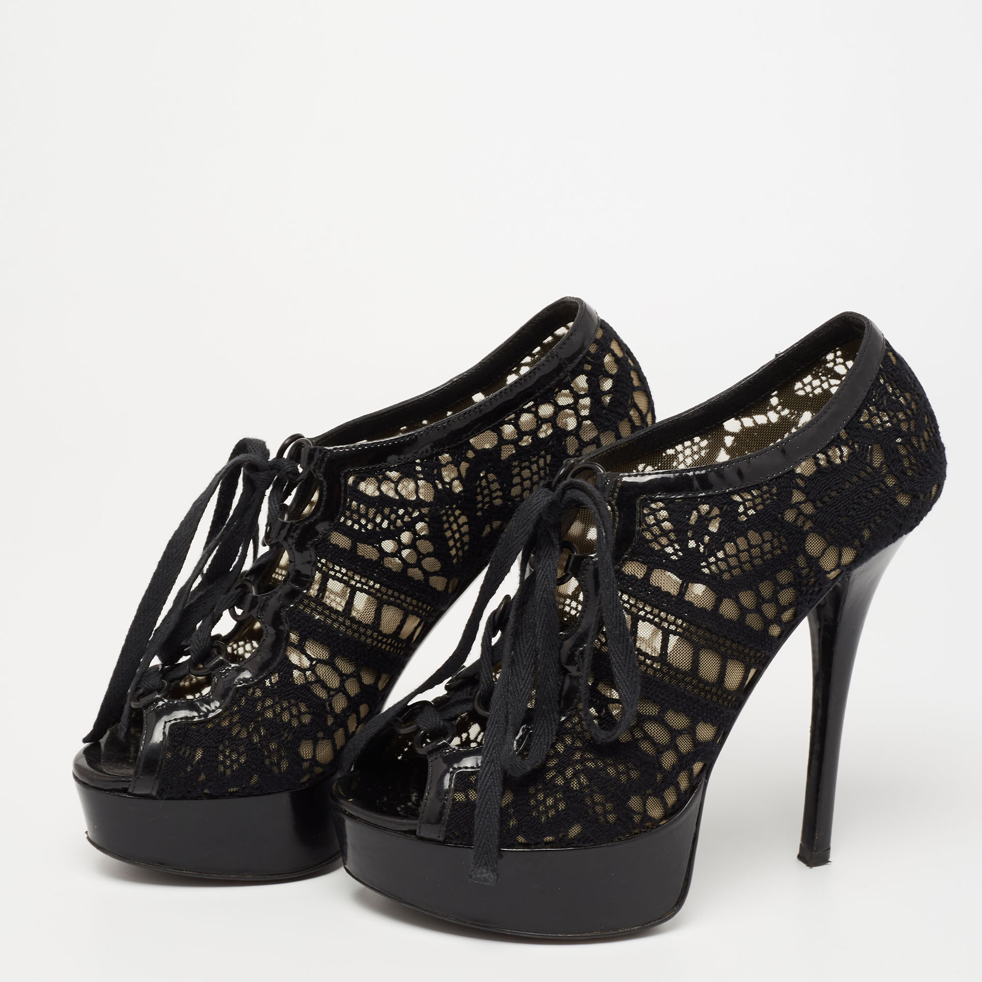 

Dolce & Gabbana Black Lace and Patent Leather Lace-Up Peep-Toe Platform Booties Size