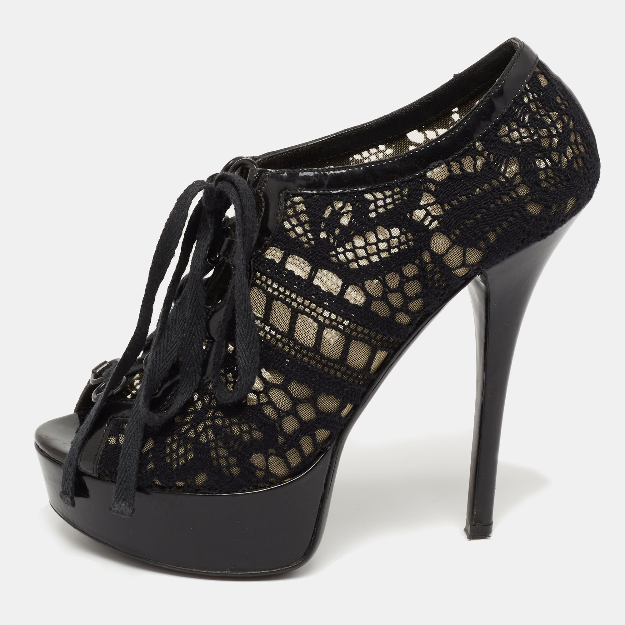 

Dolce & Gabbana Black Lace and Patent Leather Lace-Up Peep-Toe Platform Booties Size