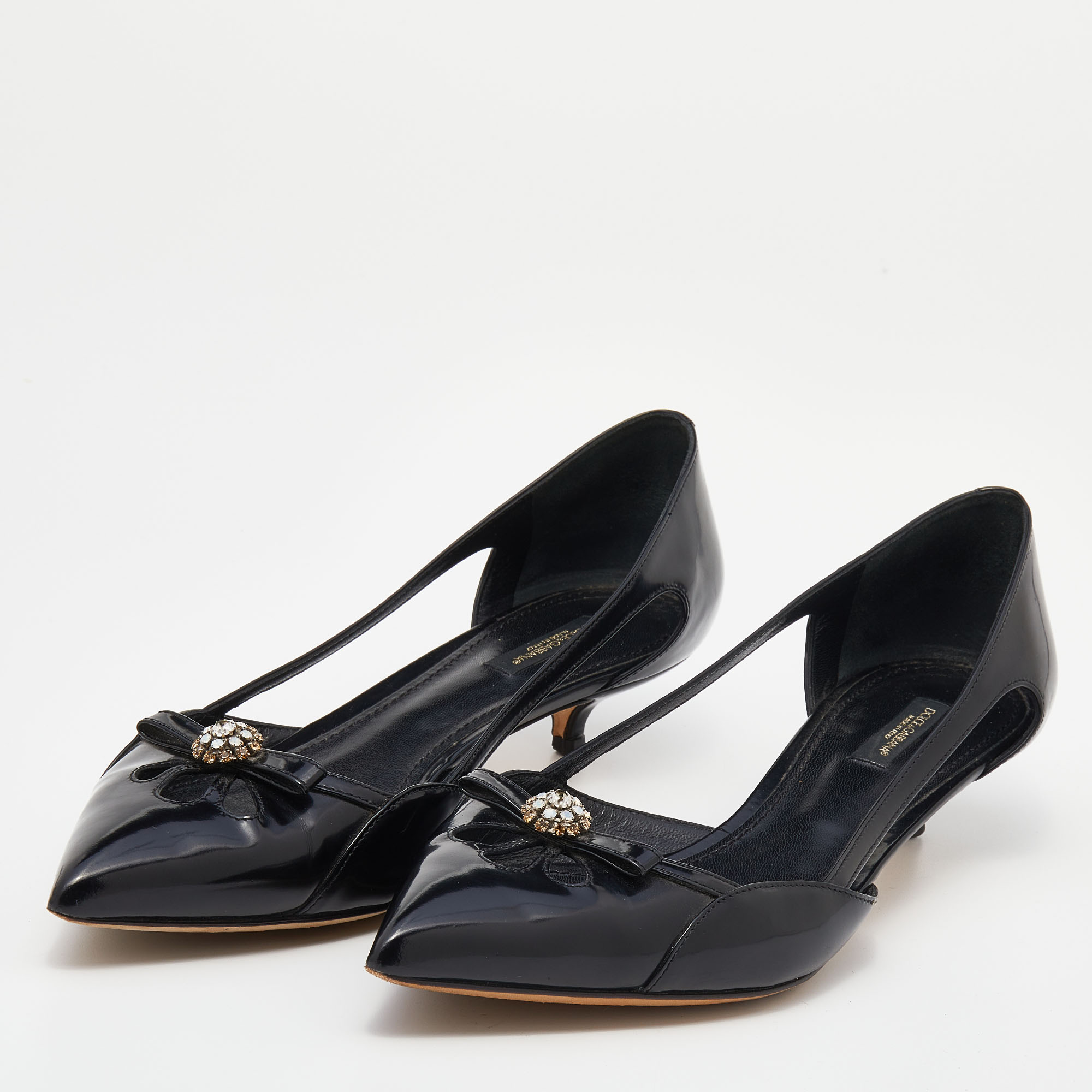 

Dolce & Gabbana Black Leather Crystal Embellished Pointed Toe Kitten Heel Pumps Size