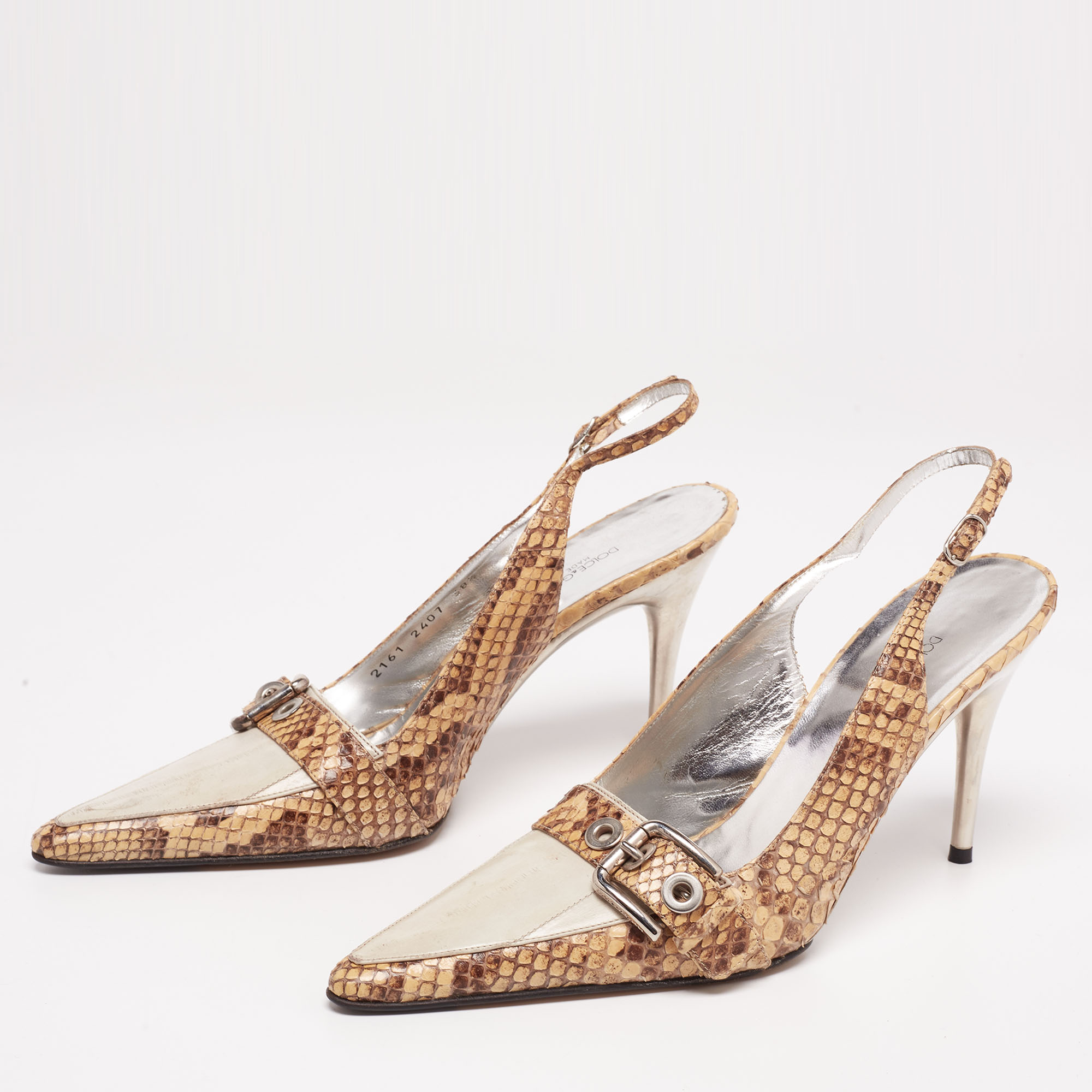

Dolce & Gabbana Beige/Grey Python Leather And Eel Belt Detail Pointed Toe Slingback Sandals Size