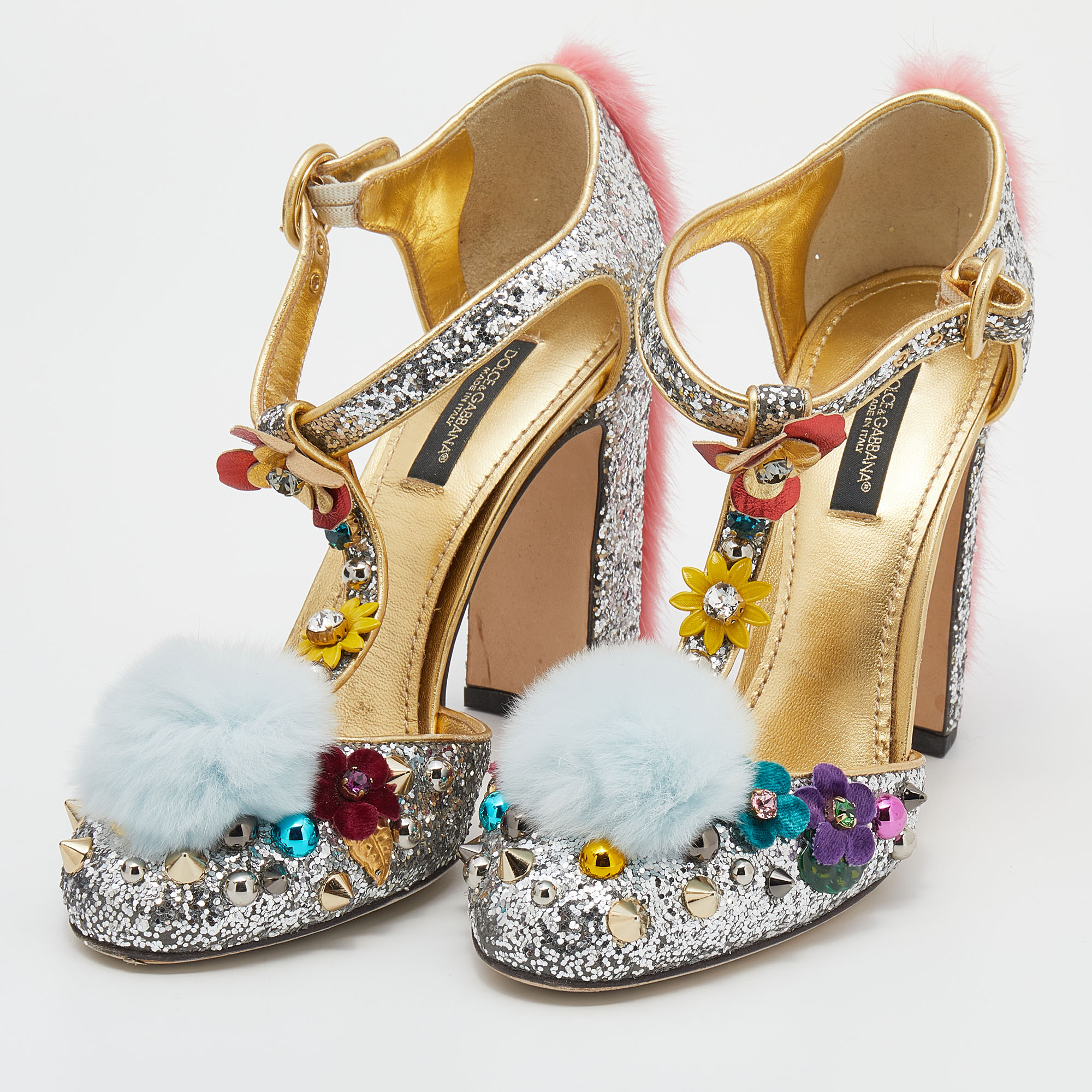 

Dolce & Gabbana Metallic Gold/Silver Leather And Glitter T-Strap Block Heel Sandals Size