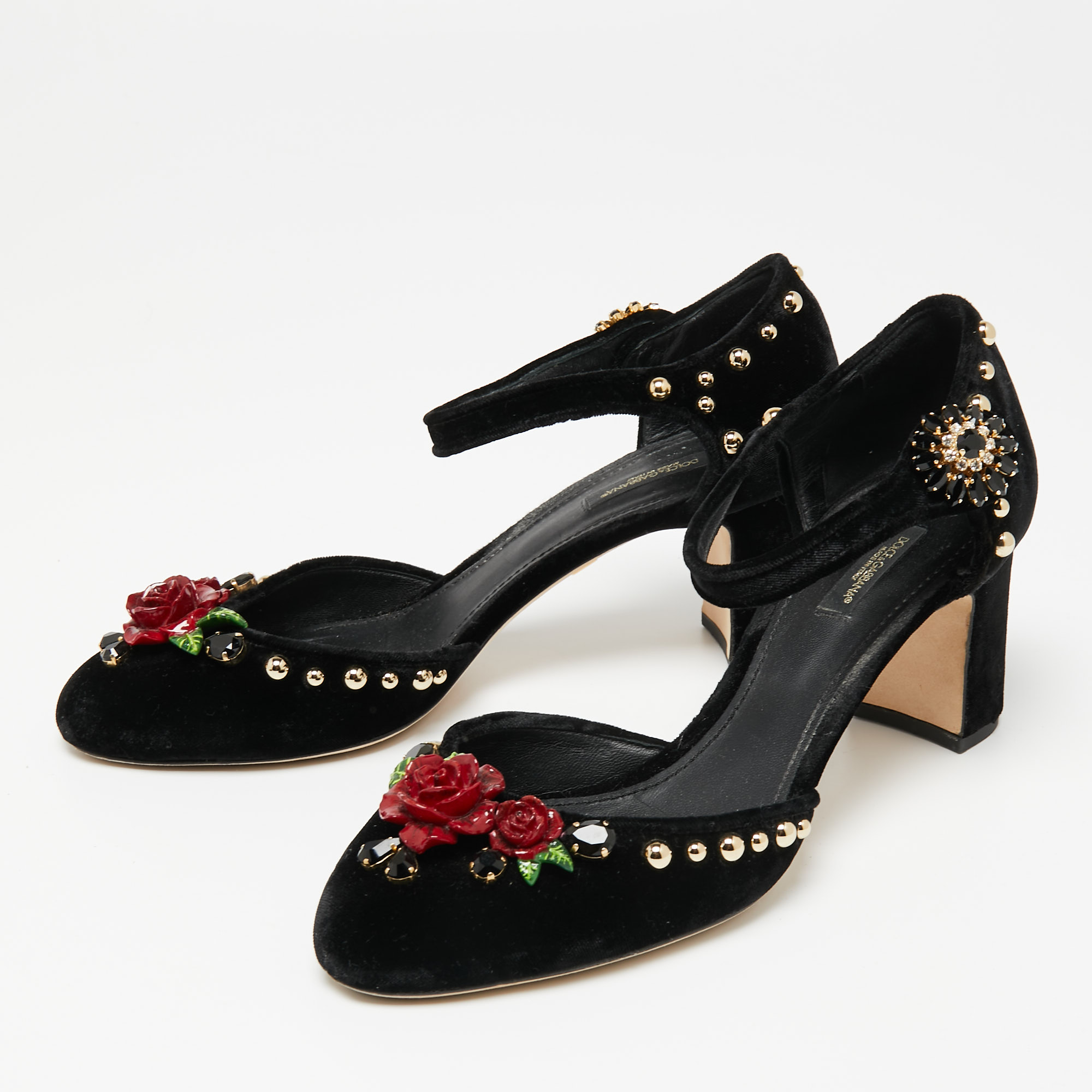 

Dolce & Gabbana Black Velvet Studded and Rose Embellished Ankle-Strap Pumps Size