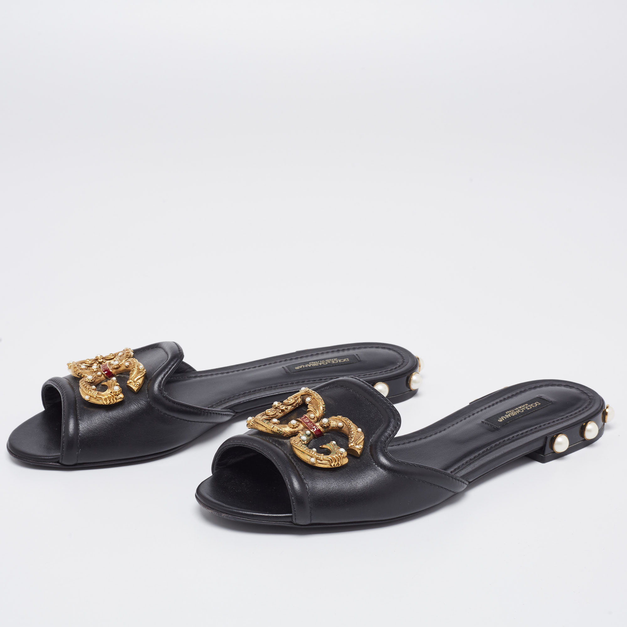 

Dolce & Gabbana Black Leather DG Amore Logo Embellished Flat Slide Sandals Size