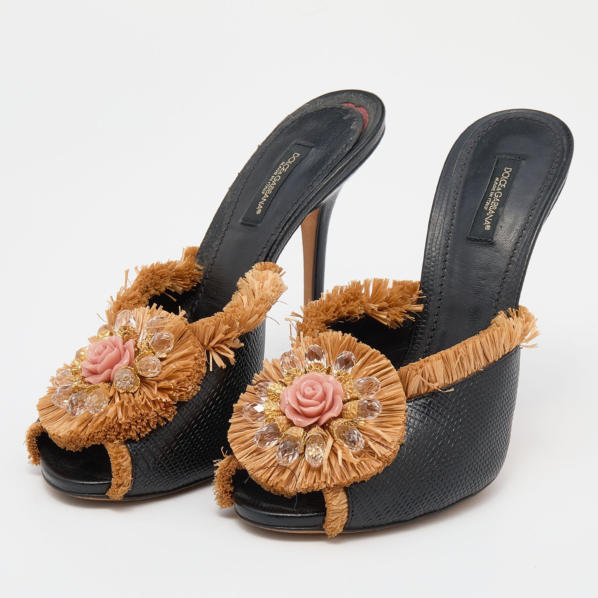 

Dolce & Gabbana Black Lizard Embossed Leather and Straw Embellished Sandals Size