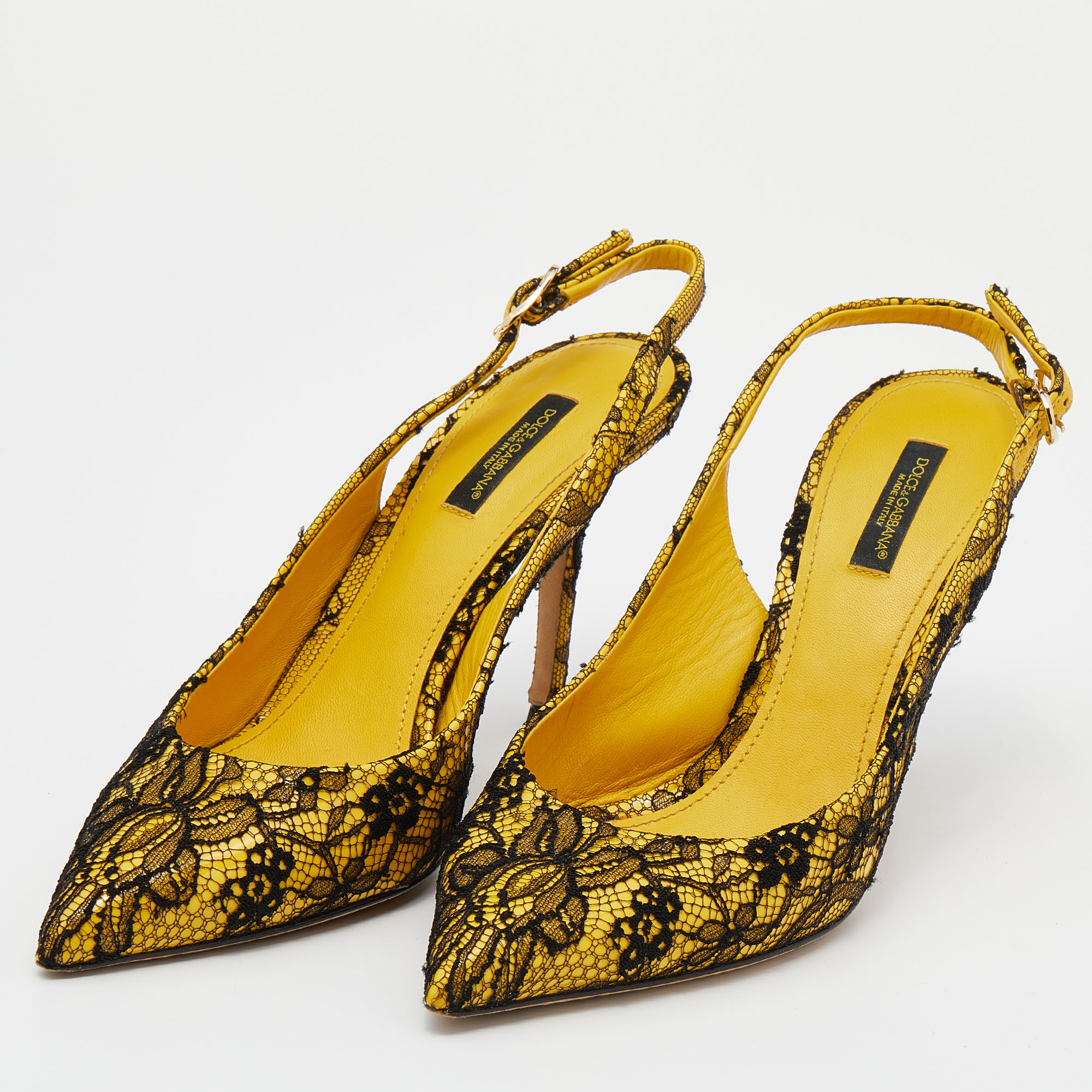 

Dolce & Gabbana Yellow/Black Patent Leather And Chantilly Lace Bellucci Slingback Sandals Size