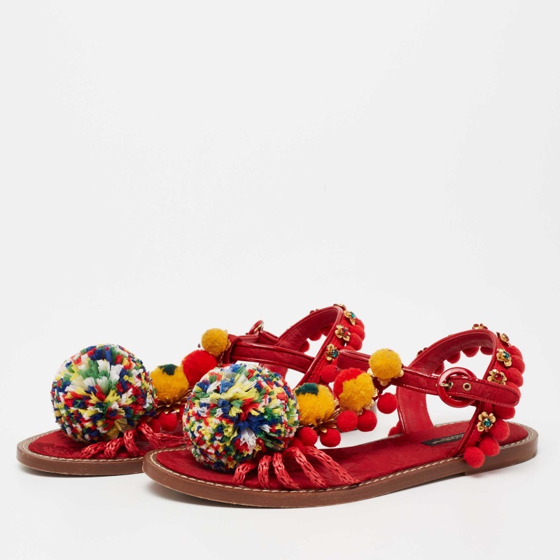 

Dolce & Gabbana Red Leather And Patent Pom Pom and Crystal Embellished T-strap Sandals Size, Multicolor