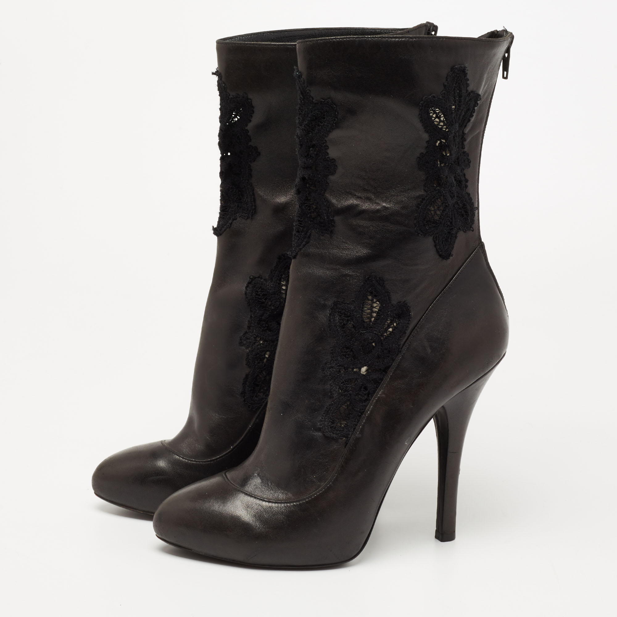 

Dolce & Gabbana Black Leather and Lace Mid Calf Boots Size